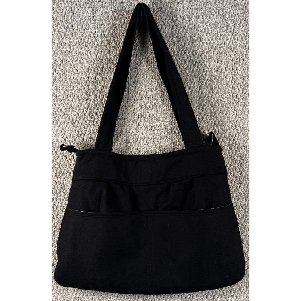 CindyMars7 Shoulder Bag Black Canvas Crossbody Tote Large Pockets Floral Lining